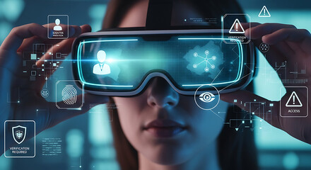 Woman wearing vr headset with digital interface displaying verification and access icons overlayed