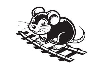 Cartoon Mouse on Railway Tracks on White Background Design