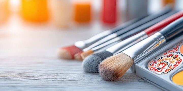 Paintbrushes and Watercolor Palette on Wooden Surface
