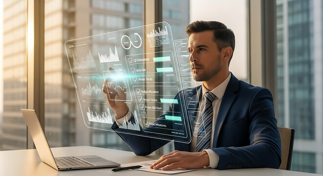 Businessman interacting with a futuristic holographic interface in a modern office setting