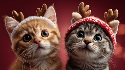 Cute cats in Christmas hats with reindeer