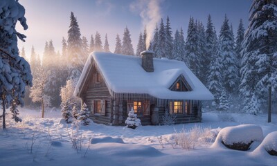 Snowy log cabin nestled in a frosted forest at dawn