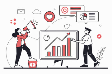 Business team analyzing growth chart and using megaphone for marketing campaign