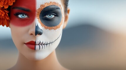 Woman with Sugar Skull Makeup and Orange Flowers