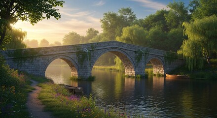 Fototapeta premium Ancient stone bridge over calm river at sunrise.