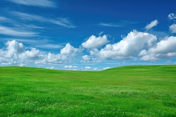 Fototapeta premium Expansive green field under a vibrant blue sky with puffy white clouds