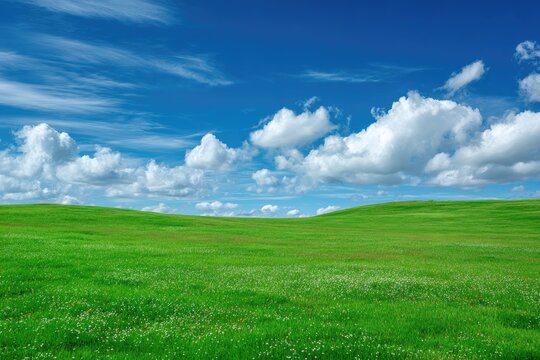 Expansive green field under a vibrant blue sky with puffy white clouds