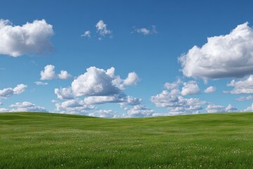 Vast, green field under a partly cloudy blue sky