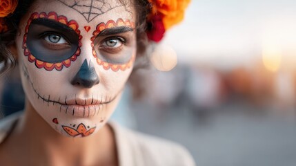 Calavera Catrina Makeup Portrait Woman with Orange Floral Headdress