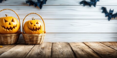 Carved Pumpkins in Baskets on Rustic Wooden Table Halloween Scene