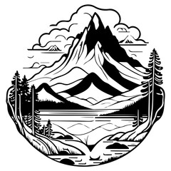 Majestic mountain peak with serene lake landscape vector art illustration capturing nature's