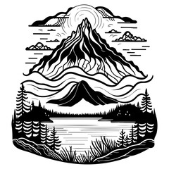 Majestic mountain peaks rising above serene lake and forest landscape with stylized sun and clouds