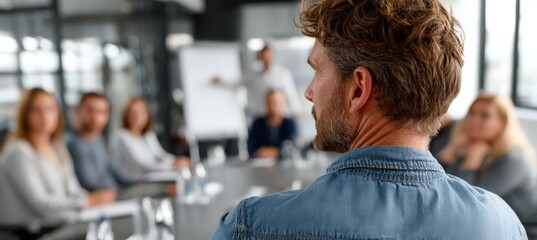 A man is presenting to a group in a conference room
