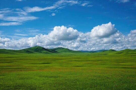 Vast green meadow, rolling hills, vibrant blue sky, fluffy clouds