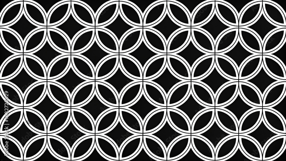 Poster geometric interlocking oval pattern in white on a black background creating a modern and elegant tex