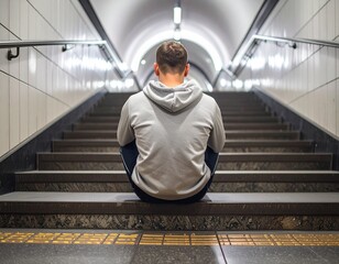 A solitary figure in a gray hoodie sits on subway stairs, facing away from the camera, illuminated by overhead lighting in a tunnel.