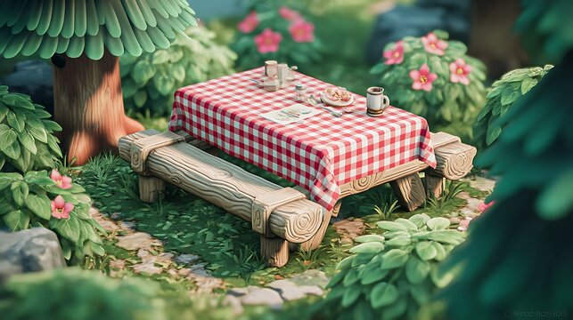 Sending the 29/29 prompt fail???Unknown Error??'i??An empty wooden picnic table covered with a checkered tablecloth, set up for a delightful afternoon gathering in a lush garden.