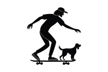 Flat Silhouette of Man with Dog Riding Skateboard on White Background