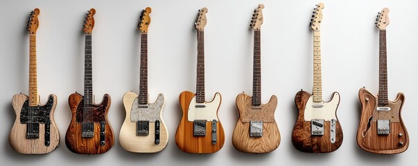 Fototapeta premium There is a row of colorful electric guitars elegantly hanging on a wall