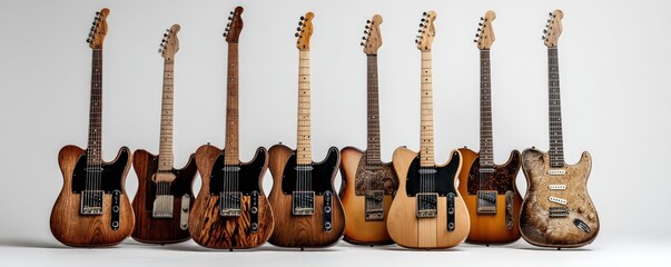 Naklejka premium There is a row of colorful electric guitars elegantly hanging on a wall