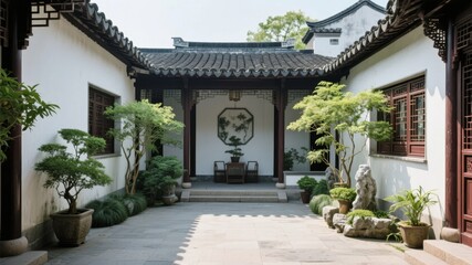 Traditional Chinese Courtyard with Potted Plants and Ornate Architecture