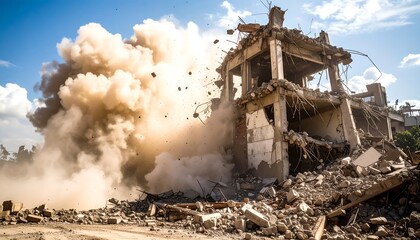 Demolition of a building. A large building is being demolished with a powerful explosion.  A cloud of dust and debris rises into the sky