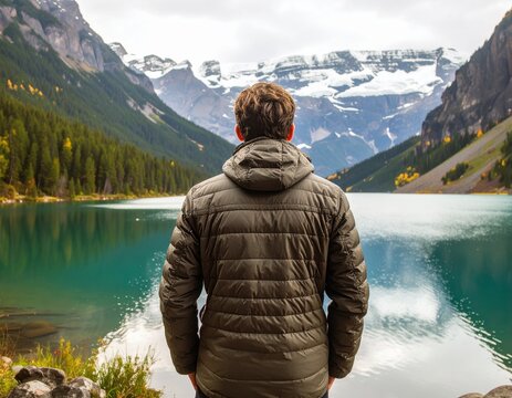 A lone man in a puffer jacket gazes at a stunning turquoise lake surrounded by majestic, snow-capped mountains and evergreen forests.