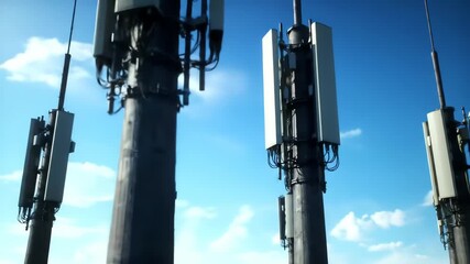 A cinematic low angle fly-through of multiple 5G communication cell towers against a bright blue sky - Powered by Adobe