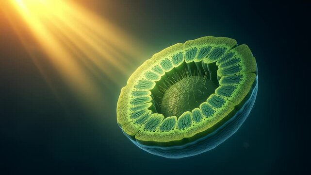 Orbiting chloroplast cross-section with internal structures