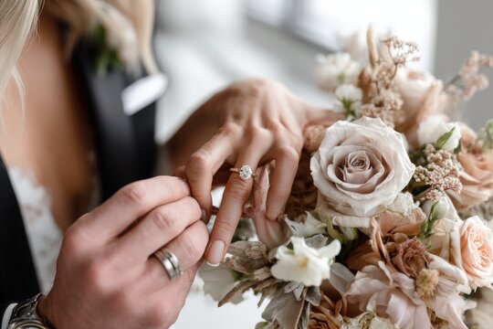 A bride and a groom are currently putting on their wedding rings