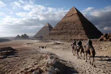 People riding camels in front of three pyramids in the desert