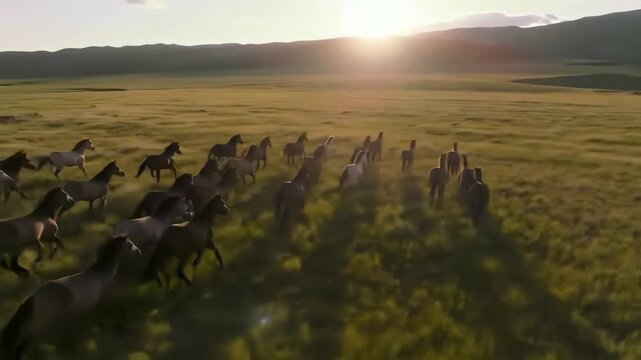 A large herd of wild horses galloping freely across a vast green meadow at sunset with a cinematic aerial view.