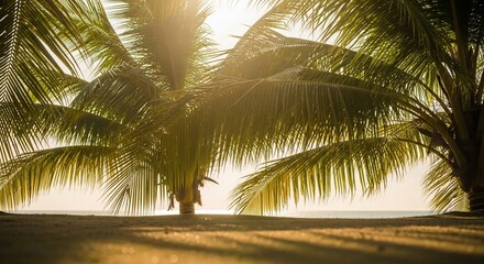 Fototapeta premium Sunlit Palm Trees Frame a Tranquil Beach Scene.