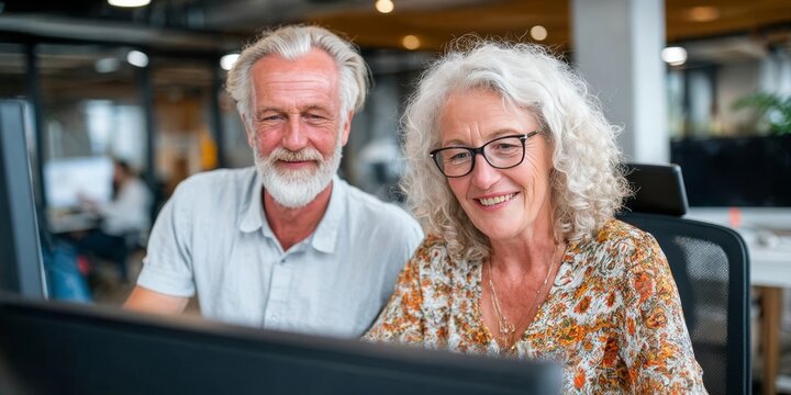 Two senior coworkers work together, showcasing commitment and teamwork in the office