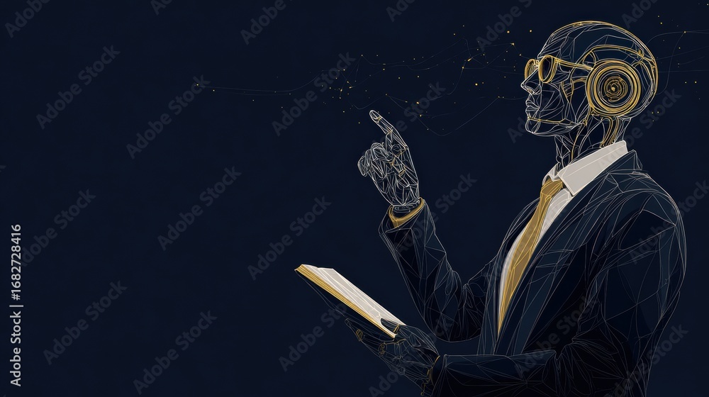 Aufkleber man in a suit with headphones reading a book and pointing at an abstract concept with glowing elemen