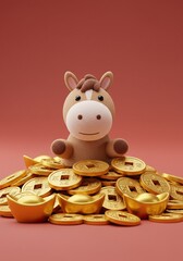Cute 3D horse Chinese zodiac pop out from pile of gold coins. Idea for Chinese New Year horse year.