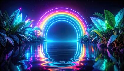 Fototapeta premium Vivid neon rainbow arc reflection on dark water, framed by lush tropical plants, under a night sky