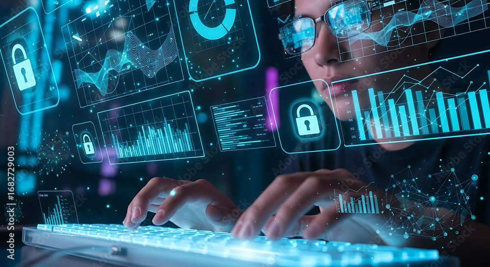 Poster person typing on a keyboard with digital graphics overlaying the screen and surrounding area