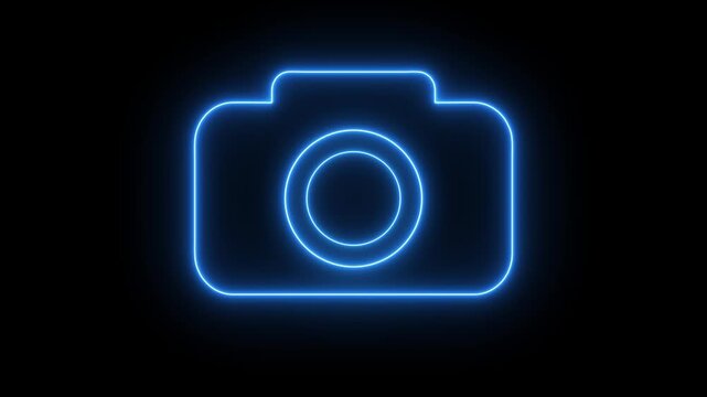 Neon camera icon isolated and film themes. Social media video camera icon for app. Glowing camera frame pictogram photograph animated.