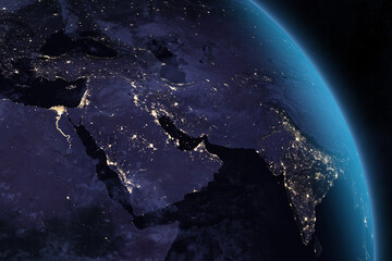 Space. Earth. Europe, Africa and Asia at night. Middle East or Near East and Africa, Arabian Peninsula, Egypt, Iraq, Iran, Israel, Jordan, Lebanon, Palestine, Gaza, Syria, India, Pakistan and Turkey