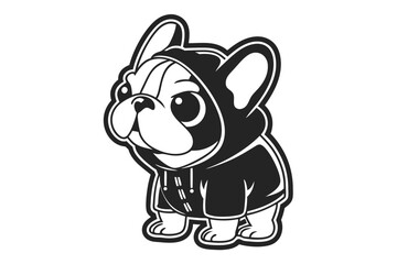 Charming Bulldog in Hoodie, Monochrome Cartoon Pet, White Background