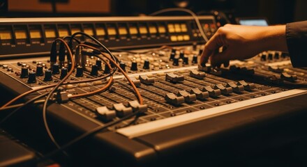 Close-up of audio engineer adjusting sound mixing console in recording studio