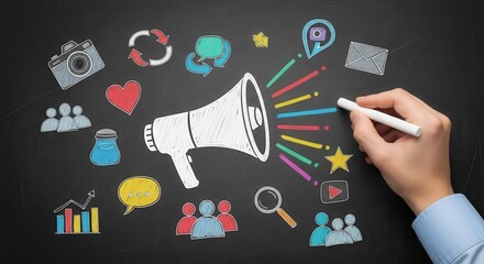 Chalk drawing of megaphone broadcasting colorful ideas and social media icons on blackboard image