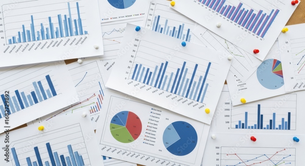 Poster collection of business charts and graphs pinned to a board data statistics