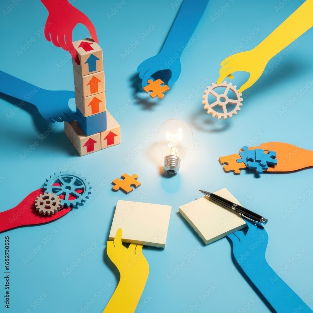 Poster colorful paper hands build blocks and connect puzzle pieces around a glowing lightbulb teamwork coll