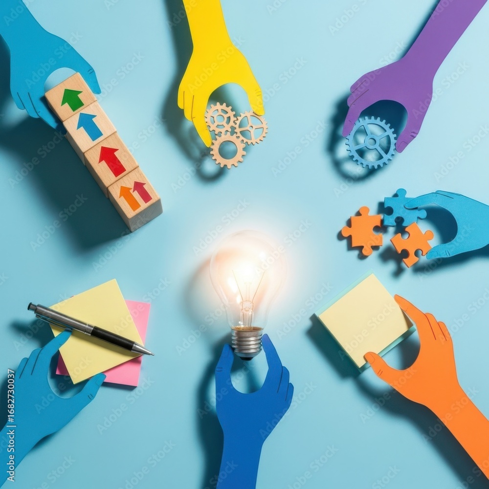 Poster colorful paper hands collaborate around a glowing lightbulb with building blocks and puzzle pieces c
