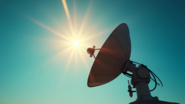 Satellite dish under teal sky with sun rays