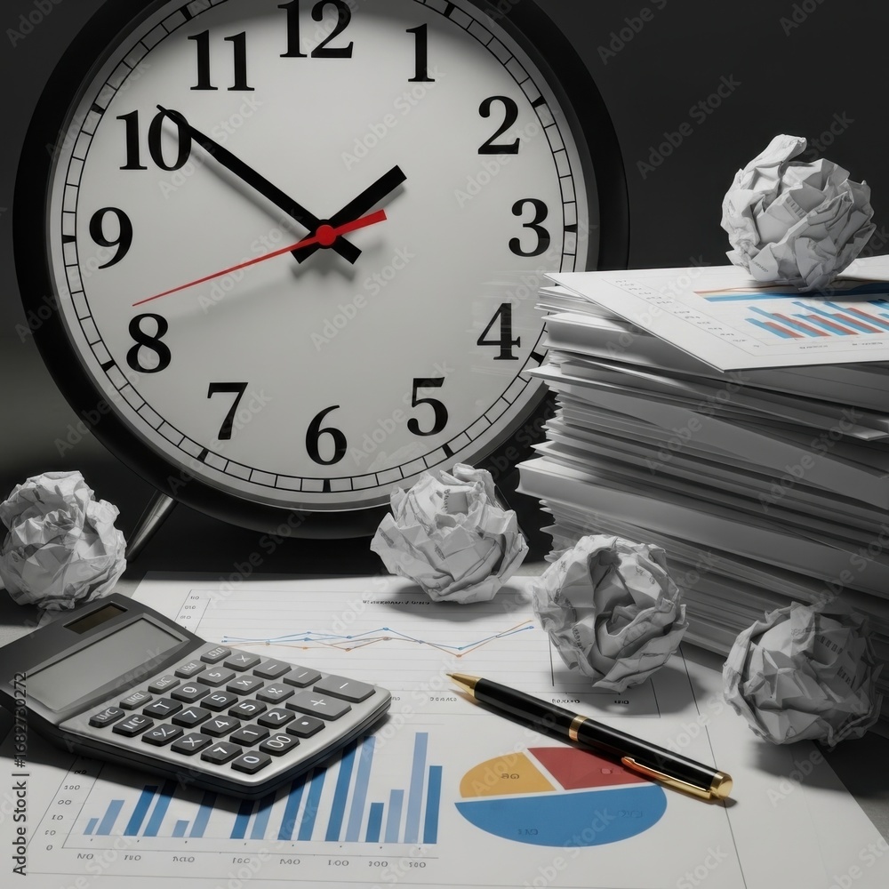 Poster desk with clock calculator crumpled paper charts and pen symbolizing business deadlines and analysis