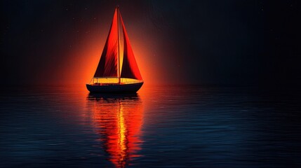 A sailboat with a red sail sailing on the ocean at night.