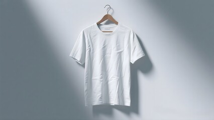 Plain White T-Shirt Mockup on a Hanger Against a Textured Wall with Shadow Play